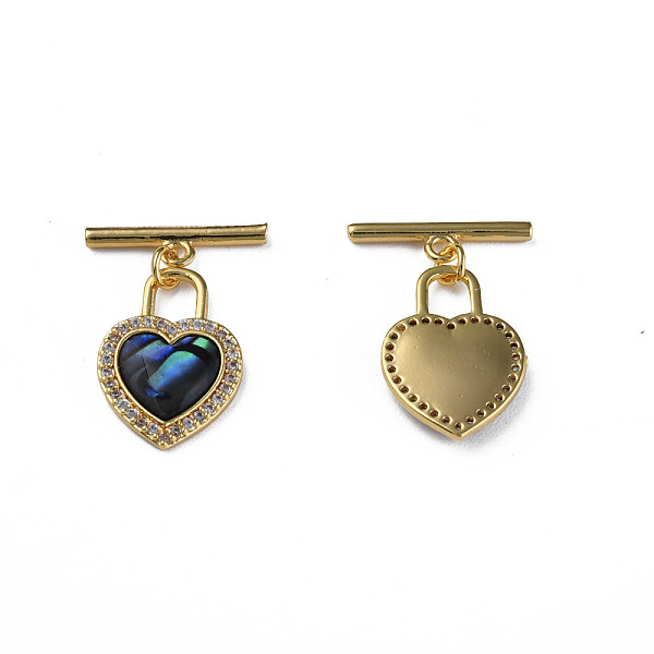 

PandaHall Brass Micro Pave Clear Cubic Zirconia Toggle Clasps, with Synthetic Abalone Shell/Paua Shell, Nickel Free, Heart, Real 18K Gold...