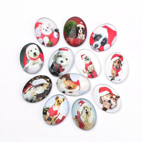 

PandaHall Christmas Theme Puppy Photo Flatback Glass Cabochons, for DIY Projects, Dog with Christmas Hat Pattern, Oval, Mixed Color..., Multicolor