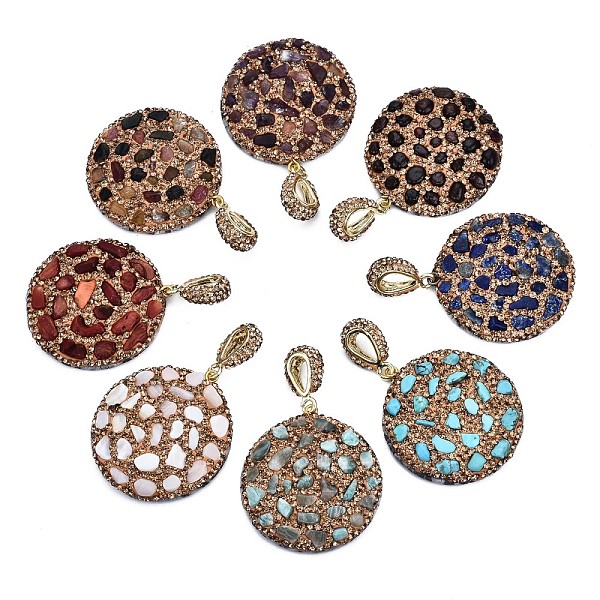 

PandaHall Polymer Clay Rhinestone Pendants, with Gemstone Chip/Natural Shell Chip and PU Leather, Flat Round, Golden, PP12(1.8~1.9mm)..., Yellow
