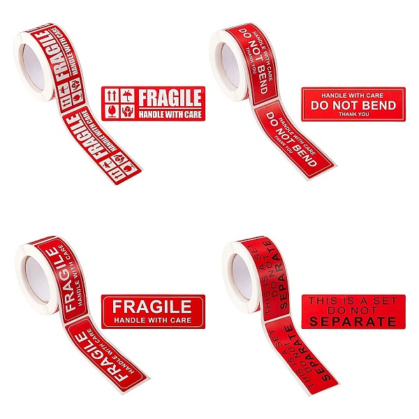 

PandaHall 4Roll 4 Style Self-Adhesive Paper Warning Tag Stickers, Rectangle with Word FRAGILE HANDLE WITH CARE Stickers Labels, for Shipping..., Red