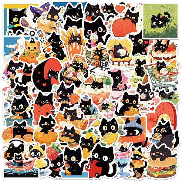 

PandaHall 60Pcs Cute Cat Theme PVC Adhesive Waterproof Cartoon Stickers Set, for DIY Scrapbooking and Journal Decoration, Black...
