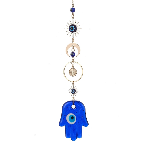 

PandaHall Blue Evil Eye Lampwork Pendant Decorations, with Brass Star/Moon Link, Hanging Ornaments, Hamsa Hand, 228mm Lampwork Hamsa Hand