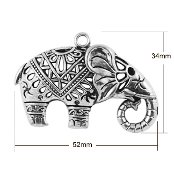 PandaHall Tibetan Style Alloy Pendants, Cadmium Free & Lead Free, Elephant, Antique Silver, 34x52x16mm, Hole: 3mm Alloy Elephant