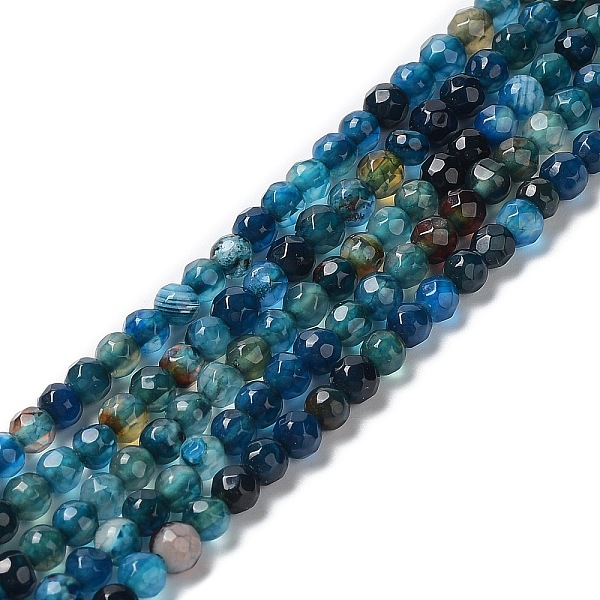 PandaHall Natural Agate Beads Strands, Faceted Round, Dyed & Heated, Prussian Blue, 3.7~4x3.9~4.3mm, Hole: 0.8mm, about 89~93pcs/strand...