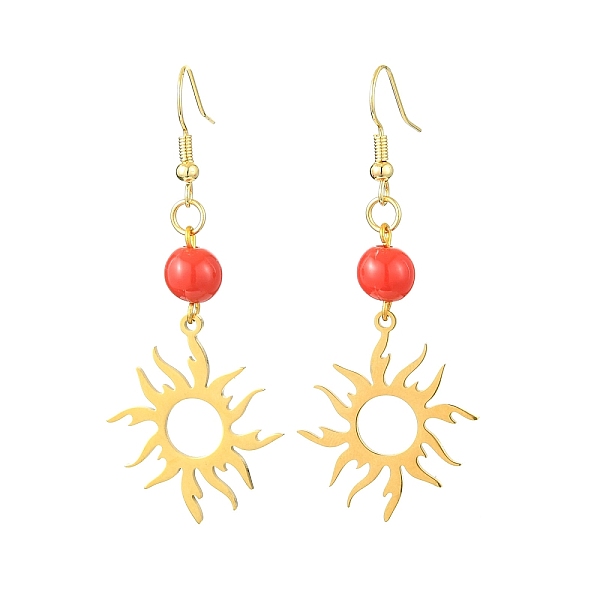 

PandaHall 201 Stainless Steel with Acrylic Dangle Earring, Sun, Red, for Women, Golden, 60x24mm 201 Stainless Steel Sun Red