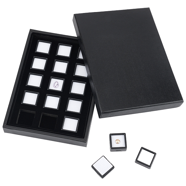 Rectangle Paper Loose Diamond Organizer Trays, with 15Pcs Square Clear Window Plastic Loose Diamond Storage Boxes Sets with Sponge Inside, for Jewelry Cabochons Displays, Black, 21.2x15.5x2.8cm, Small Square Box: 29x29x16mm