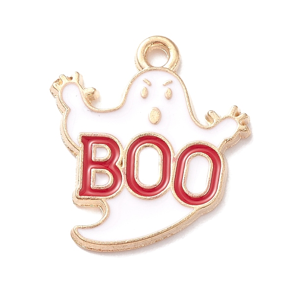 

PandaHall Halloween Alloy Enamel Pendants, Light Gold, Ghost with Word Boo Charm, White, 19x17x1.5mm, Hole: 1.6mm Alloy+Enamel Ghost White