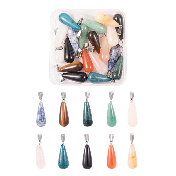 

PandaHall 20Pcs 10 Style Natural Gemstone Pendants, with Stainless Steel Snap On Bails, Teardrop, 28x10mm, Hole: 6mm, 2pcs/style Mixed Stone...
