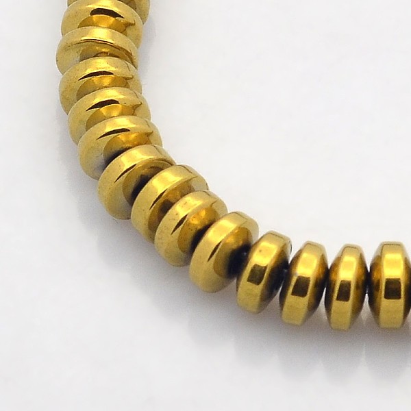 

PandaHall Electroplate Non-magnetic Synthetic Hematite Rondelle Beads Strands, Golden Plated, 6x3mm, Hole: 1mm, about 140pcs/strand, 15.7...