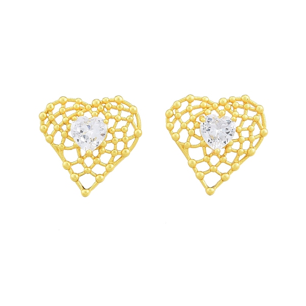 PandaHall Clear Glass Heart Stud Earrings, Rack Plating Brass Jewelry for Women, Nickel Free, Matte Gold Color, 22x23mm, Pin: 0.6mm Glass...