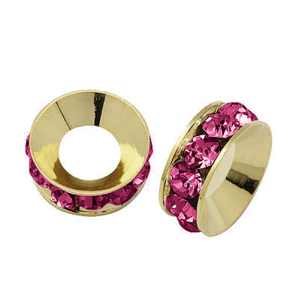 

PandaHall Brass Rhinestone Spacer Beads, Grade A, Rondelle, Light Gold Metal Color, Fuchsia, 9x4mm, Hole: 4mm Brass+Rhinestone Rondelle..., Purple