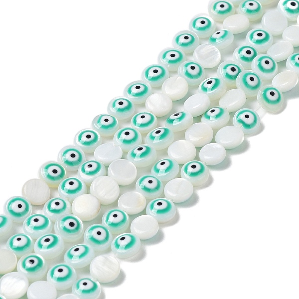 

PandaHall Natural Freshwater Shell Enamel Beads Strands, Flat Round with Evil Eye, Turquoise, 6x3mm, Hole: 0.5mm, about 62~65pcs/strand..., Green