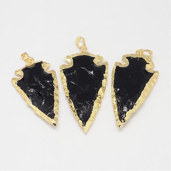 

PandaHall Natural Obsidian Big Pendants, Arrowhead, with Brass Finding, Golden, 50~70x20~30x6~10mm, Hole: 5x8mm Obsidian Arrow