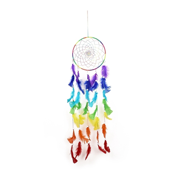 Chakra Theme Iron Woven Web/Net with Feather Pendant Decorations
