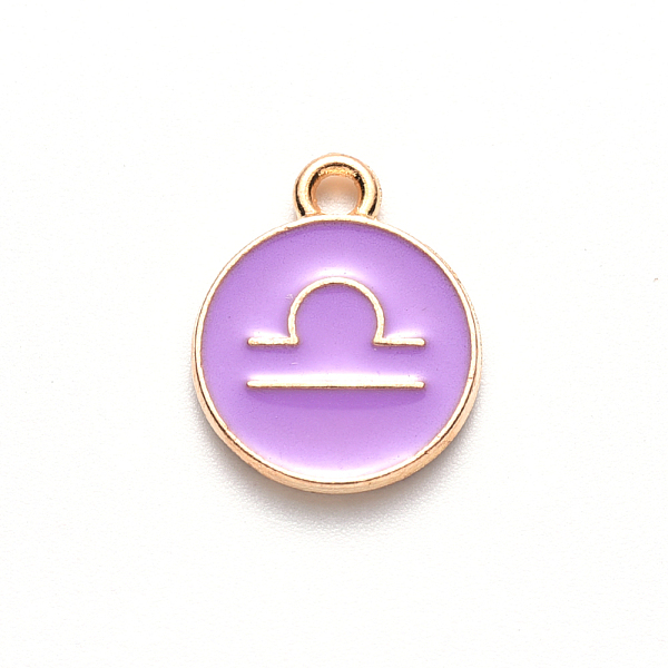 

PandaHall Alloy Enamel Pendants, Cadmium Free & Lead Free, Flat Round with Constellation, Light Gold, Medium Purple, Libra, 22x18x2mm, Hole...