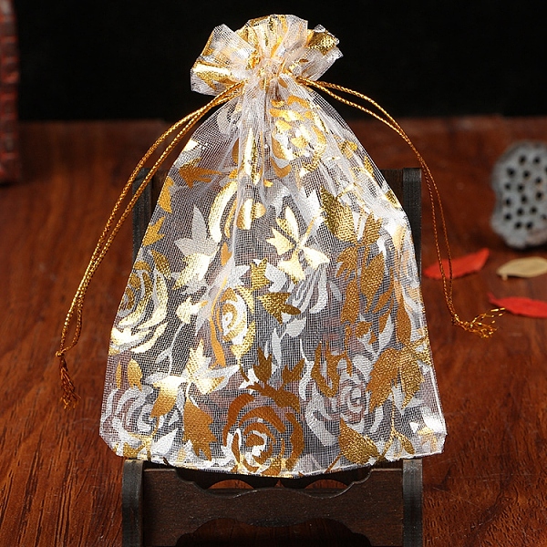

PandaHall Organza Drawstring Jewelry Pouches, Wedding Party Gift Bags, Rectangle with Gold Stamping Flower Pattern, White, 12x9cm Organza...