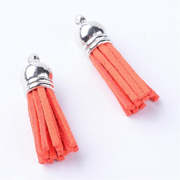 

PandaHall Faux Suede Tassel Pendant Decorations, with CCB Plastic Cord Ends, Platinum, Tomato, 35~37x10mm, Hole: 1.8mm Faux Suede Red