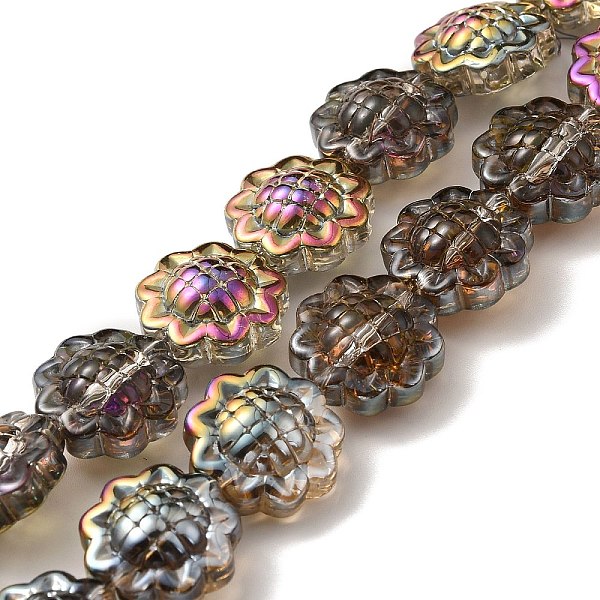 

PandaHall Transparent Electroplate Glass Beads Strands, Rainbow Plated, Sunflower, Saddle Brown, 15x9mm, Hole: 1mm, about 44~45pcs/strand...