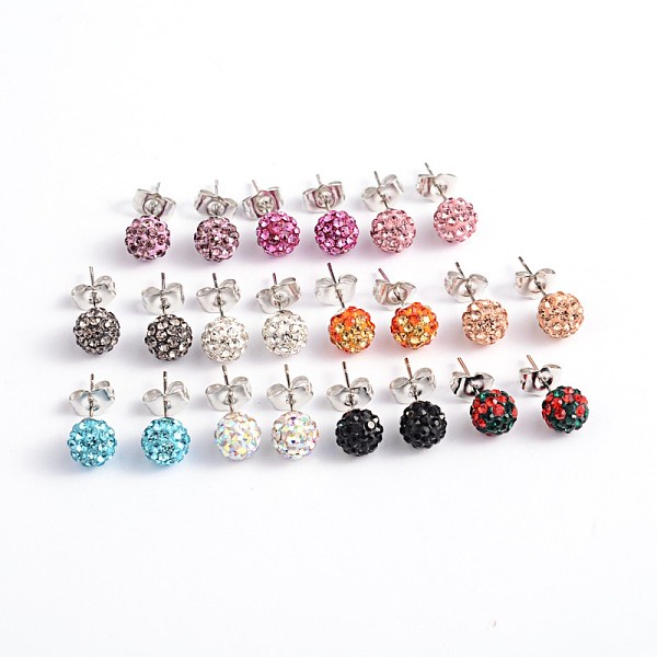 

PandaHall Polymer Clay Rhinestone Ball Stud Earrings, with Steel Pins, Mixed Color, 8~9mm, Pin: 0.8mm Rhinestone Multicolor