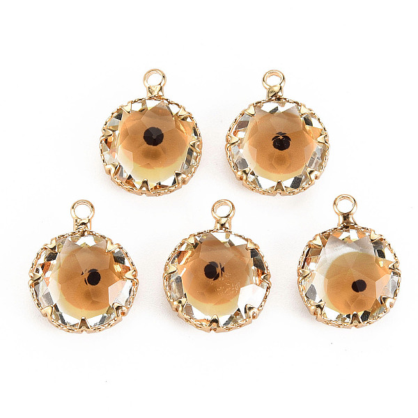 

PandaHall Transparent Glass Pendants, with Brass Prong Settings, Faceted, Flat Round with Evil Eye, Light Gold, Goldenrod, 17x13x6mm, Hole...