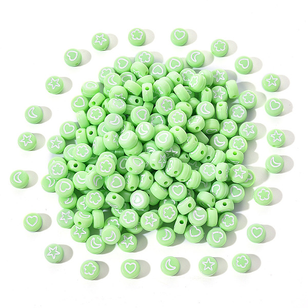 

PandaHall Opaque Acrylic Beads, Flat Round with White Heart & Flower & Moon & Star, Lawn Green, 7x4mm, Hole: 1.6mm, 200pcs/set Acrylic Flat...