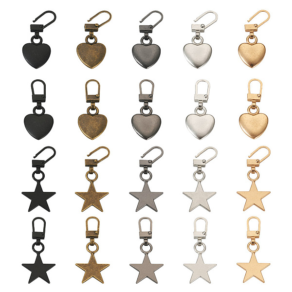 

PandaHall 20Pcs 10 Style Zinc Alloy Zipper Puller, Garment Accessories, Heart & Star, Mixed Color, 39.5~45mm, 2pcs/style Alloy