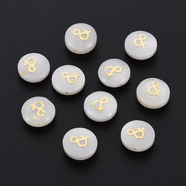 

PandaHall Natural Freshwater Shell Beads, with Golden Plated Brass Metal Embellishments, Flat Round with Mark &, Seashell Color, 8x4.5mm...