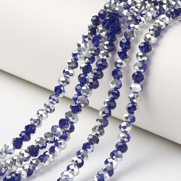 

PandaHall Electroplate Transparent Glass Beads Strands, Half Silver Plated, Faceted, Rondelle, Dark Blue, 6x5mm, Hole: 1mm, about...
