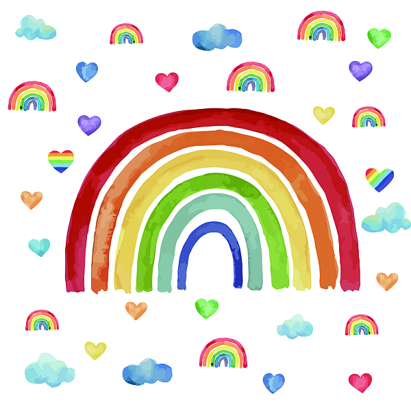PandaHall SUPERDANT Rainbow Wall Stickers with Colorful Heart Shape Wall Decals Blue Clouds DIY Wall Art Decor Self-adsive Sticker for Baby...