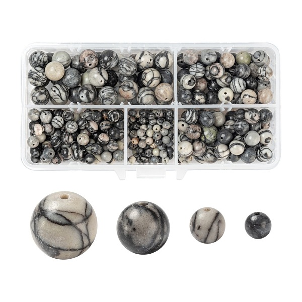 340Pcs 4 Style Natural Black Silk Stone/Netstone Beads
