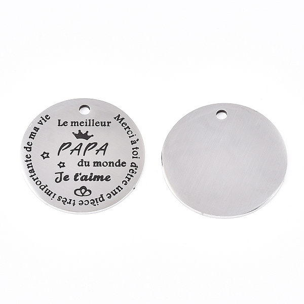 

PandaHall 201 Stainless Steel Pendants, Flat Round with Word Papa, Stainless Steel Color, 30x1.5mm, Hole: 2mm 201 Stainless Steel Flat Round
