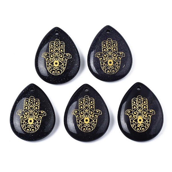

PandaHall Synthetic Blue Goldstone Pendants, Teardrop with Hamsa Hand Pattern, 32~33.5x25~26x6.5~7.5mm, Hole: 2mm, 6pcs/bag Blue Goldstone...