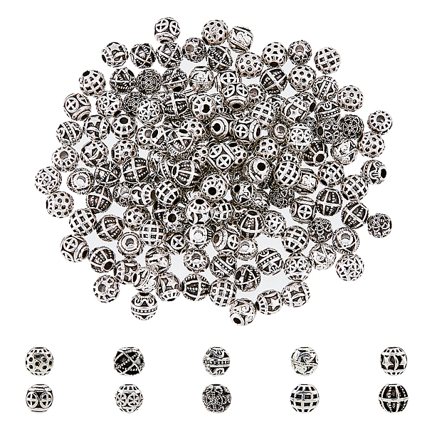 

PandaHall DICOSMETIC 150Pcs 10 Style Zinc Alloy Beads, Hollow Round, Antique Silver, 5.5x6mm, Hole: 1.6mm, 15pcs/style Alloy Round