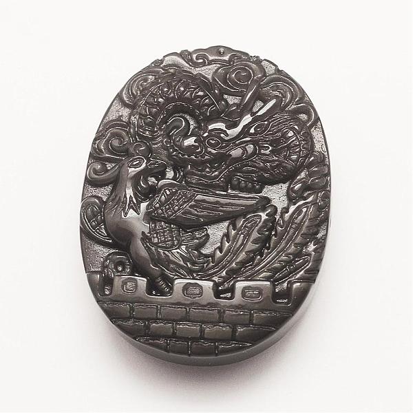 

PandaHall Carved Natural Obsidian Pendants, Flat Oval with Dragon and Phoenix, 44x34x8~12mm, Hole: 1.5mm Obsidian Oval Black