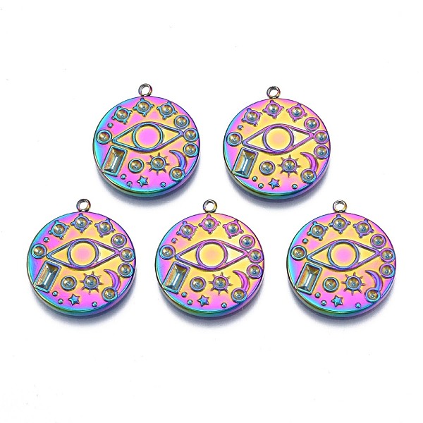 

PandaHall Rack Plating Rainbow Color 304 Stainless Steel Pendant Rhinestone Settings, Flat Round with Horse Eye, Fit For 1.0mm Rhinestone...