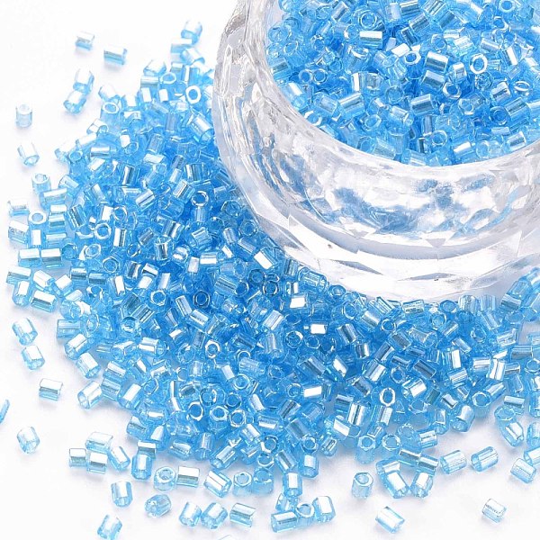 

PandaHall Glass Bugle Beads, Transparent Colours Luster, Light Sky Blue, 2.5~3x2mm, Hole: 0.9mm, about 15000pcs/pound Glass