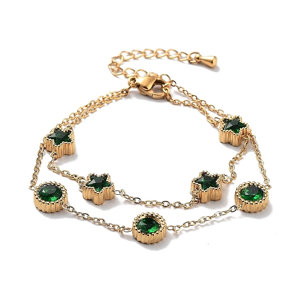 

PandaHall Golden 304 Stainless Steel Double Layer Multi-strand Bracelet, Cubic Zirconic Link Chains Bracelet, Flat Round, 6-1/4 inch(16cm)...