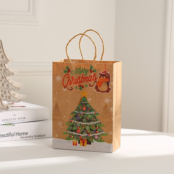 PandaHall Kraft Paper Bags, with Handles, Gift Bags, Shopping Bags, For Christmas Party Bags, Rectangle with Word Merry Christmas, Christmas...