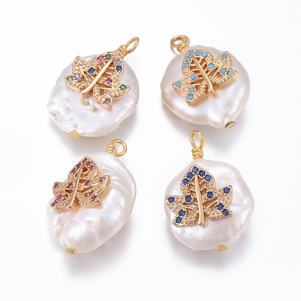 

PandaHall Natural Cultured Freshwater Pearl Pendants, with Brass Micro Pave Cubic Zirconia Findings, Nuggets with Leaf, Golden, Mixed Color..., Multicolor
