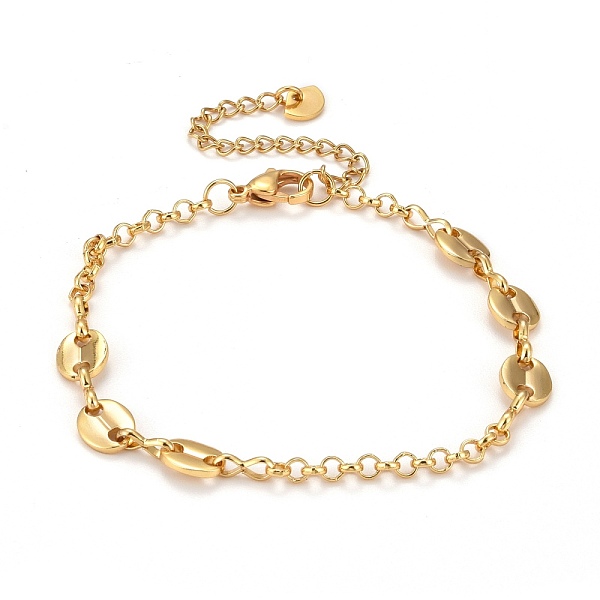 PandaHall Brass Rolo Chain & Coffee Bean Chain Bracelets, with 304 Stainless Steel Lobster Claw Clasps, Golden, 7-1/4 inch(18.5cm) Brass