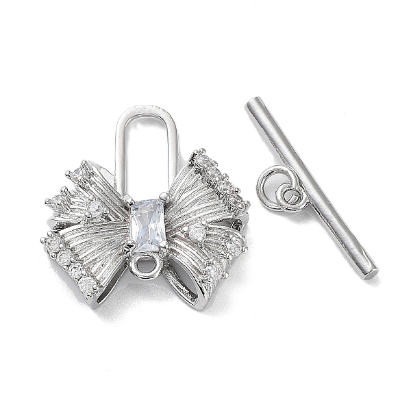 

PandaHall Brass Pave Clear Cubic Zirconia Toggle Clasps, with Glass, Bowknot, Real Platinum Plated, Bar: 4.5x21x2mm, Hole: 1.4mm, Bowknot...