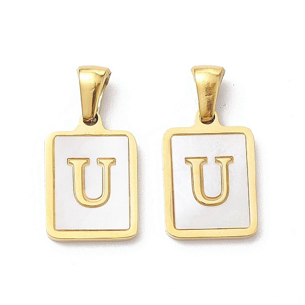 

PandaHall Ion Plating(IP) 304 Stainless Steel Pave Shell Pendants, Rectangle Charm, Real 18K Gold Plated, Letter U, 17.5x12x1.5mm, Hole...