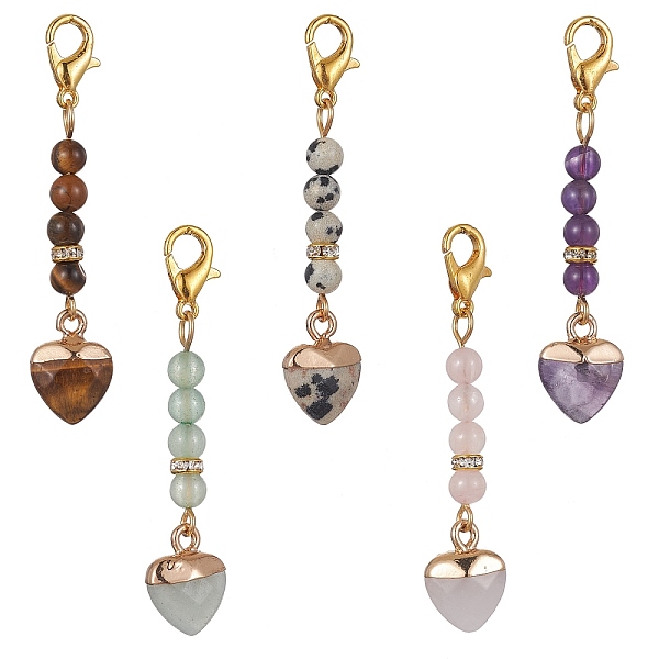 

PandaHall Heart & Round Gemstone Pendant Decoraiton, with Alloy Swivel Lobster Claw Clasps, 49mm Mixed Stone Heart