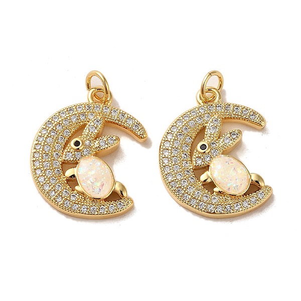 

PandaHall Brass Micro Pave Cubic Zirconia with Synthetic Opal Pendants, with Jump Ring, Moon with Rabbit, Real 18K Gold Plated...