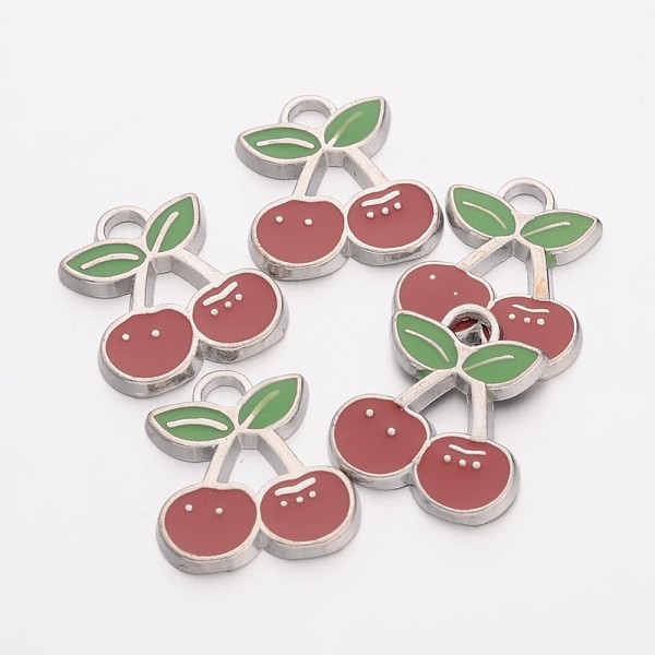 

PandaHall Alloy Enamel Pendants, Cherry, Lead Free and Cadmium Free, Red and LinmeGreen, Platinum, about 18mm long, 16.5mm wide, 2mm thick...
