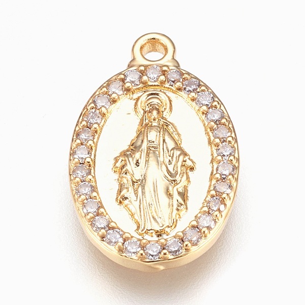 

PandaHall Brass Pendants, with Cubic Zirconia, Lead Free & Cadmium Free & Nickel Free, Long-Lasting Plated, Oval with Virgin Mary, Clear...