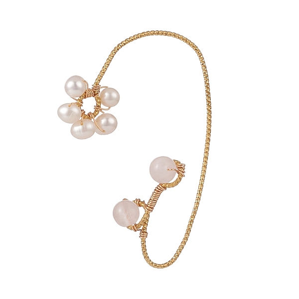 

PandaHall Natural Rose Quartz & Pearl Braided Flower Cuff Earrings, Gold Platd Brass Wire Wrap Climber Wrap Around Earrings for Non Piercing...