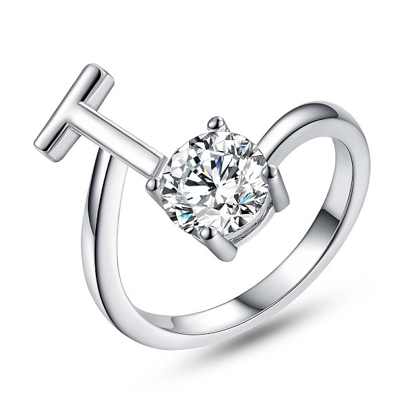 

PandaHall Rhodium Plated 925 Sterling Silver Initial Letter Open Cuff Ring, Clear Cubic Zirconia Ring for Women, Platinum, Letter.T, US Size...