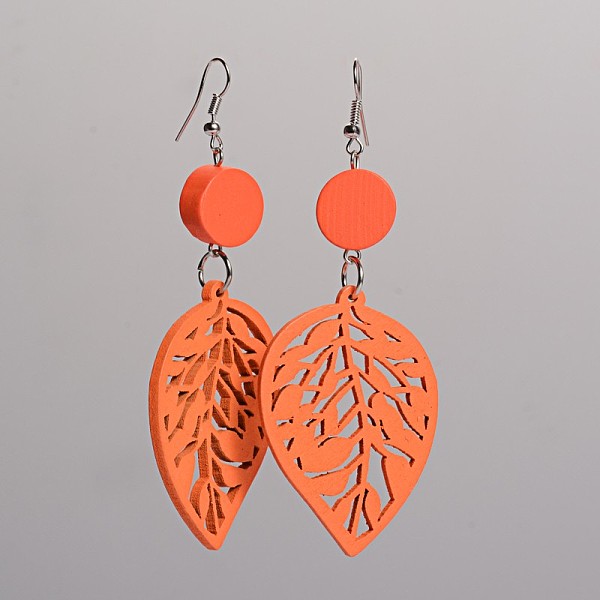 

PandaHall Trendy Leaf Wood Dangle Earrings, with Platinum Plated Iron Earring Hooks, Dark Orange, 90x34mm, Pin: 0.8mm Wood Orange