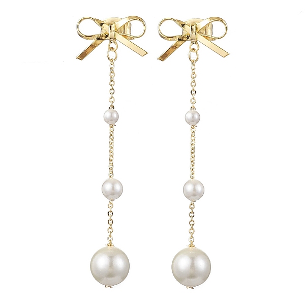 

PandaHall Brass Bowknot Dangle Stud Earrings, Shell Pearl Beaded Long Drop Earrings, Golden, 52x14.5mm Shell Pearl Bowknot